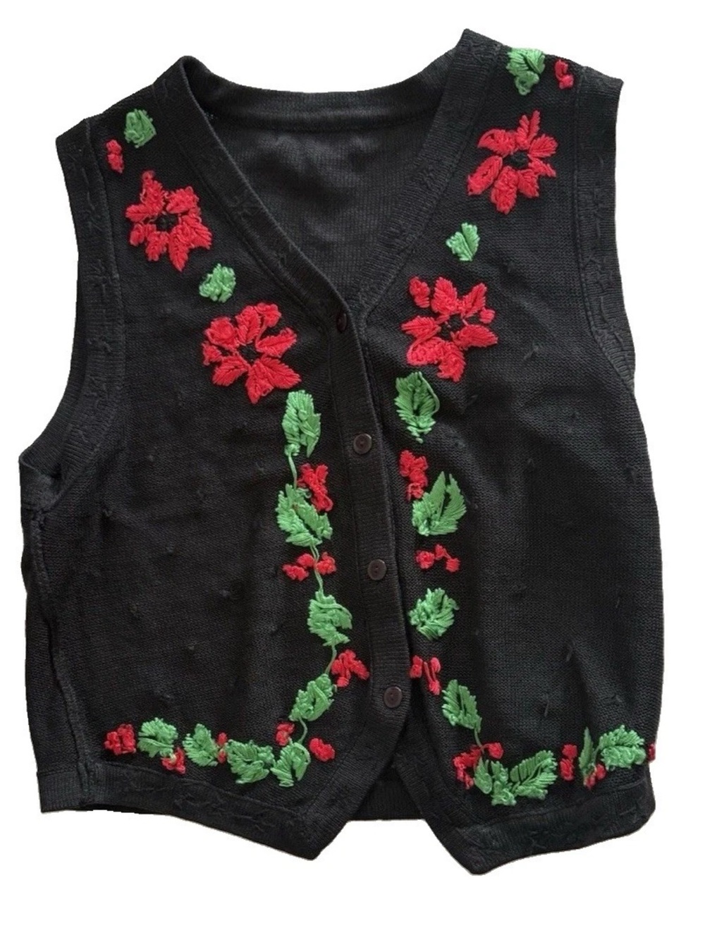 Ugly Christmas Sweater Vest Black Red Embroidered Poinsettia Holly Knit Vintage
